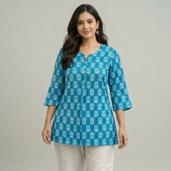 Blue_Cotton_Block_Print_Short_Kurta_For_Women