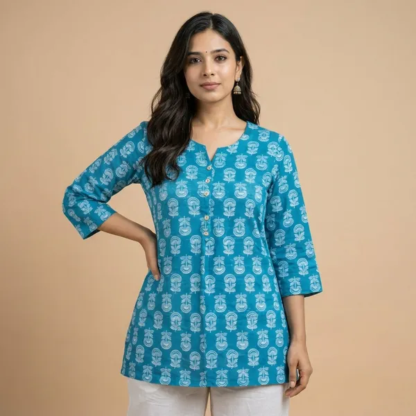 Blue_Cotton_Block_Print_Short_Kurta_For_Women