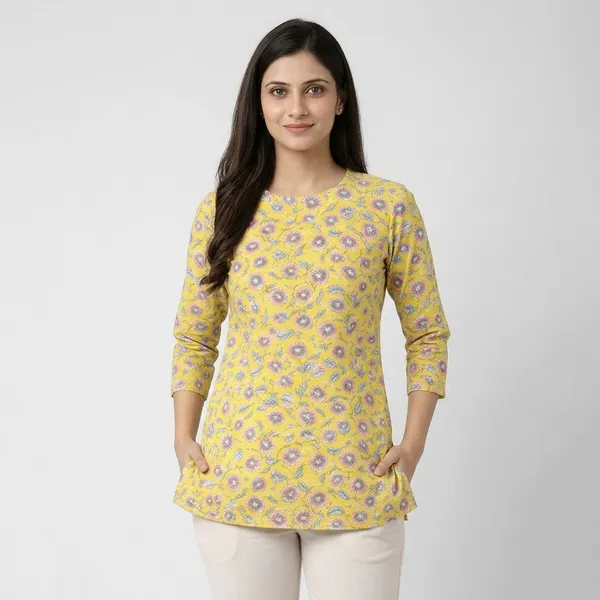 Yellow_Cotton_Floral_Print_Short_Kurta_For_Women