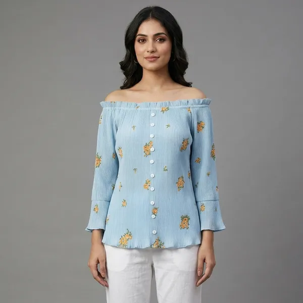 Blue_Crepe_Floral_Embroidered_Off-Shoulder_Top_For_Women