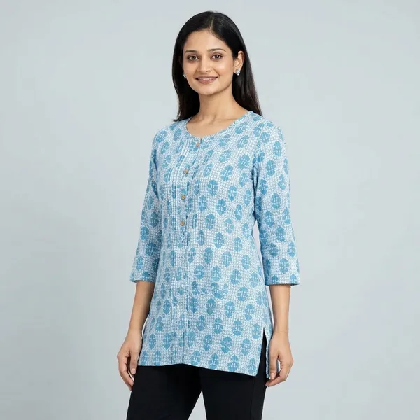 Blue_Cotton_Floral_Block_Print_Short_Kurta_For_Women