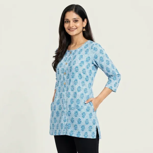 Blue_Cotton_Floral_Block_Print_Short_Kurta_For_Women