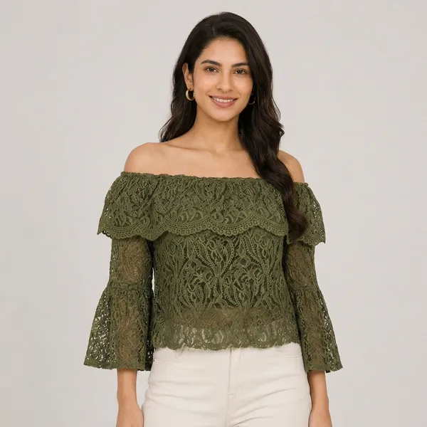 Olive_Green_Net_Lace_Off-Shoulder_Bell_Sleeve_Top_For_Women