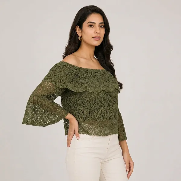 Olive_Green_Net_Lace_Off-Shoulder_Bell_Sleeve_Top_For_Women