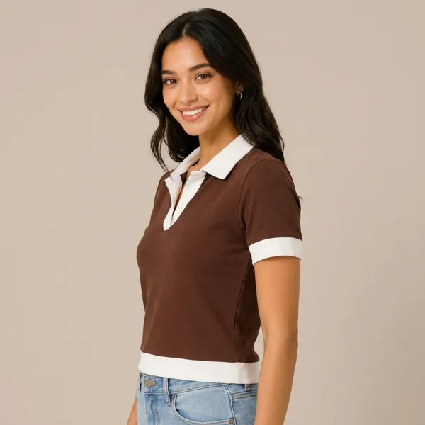 Brown_Cotton_Ribbed_Polo_Collar_Crop_T-Shirt_For_Women