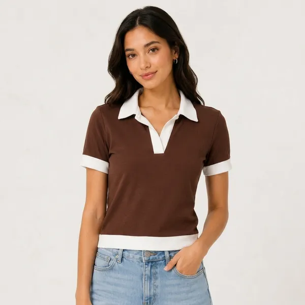 Brown_Cotton_Ribbed_Polo_Collar_Crop_T-Shirt_For_Women