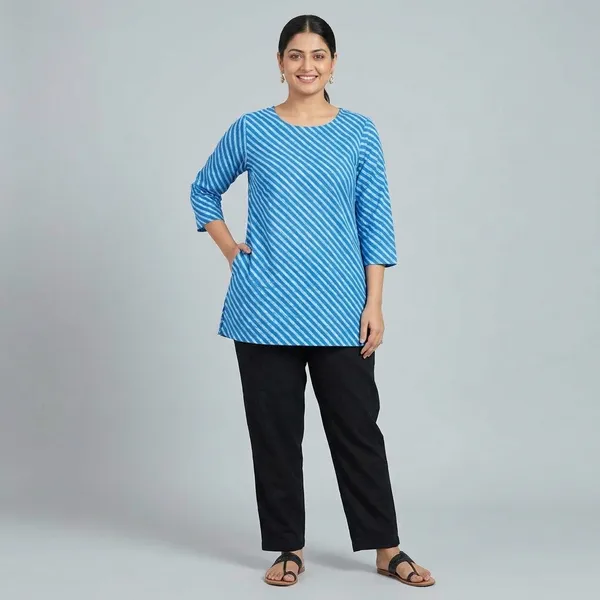 Blue_Cotton_Diagonal_Striped_A-Line_Short_Kurti_For_Women