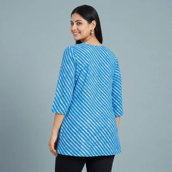Blue_Cotton_Diagonal_Striped_A-Line_Short_Kurti_For_Women