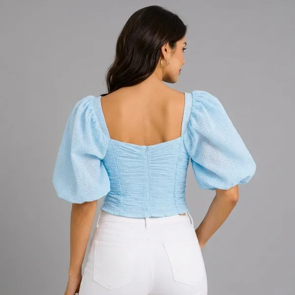 Blue_Chiffon_Ruched_Sweetheart_Puff_Sleeve_Crop_Top_For_Women