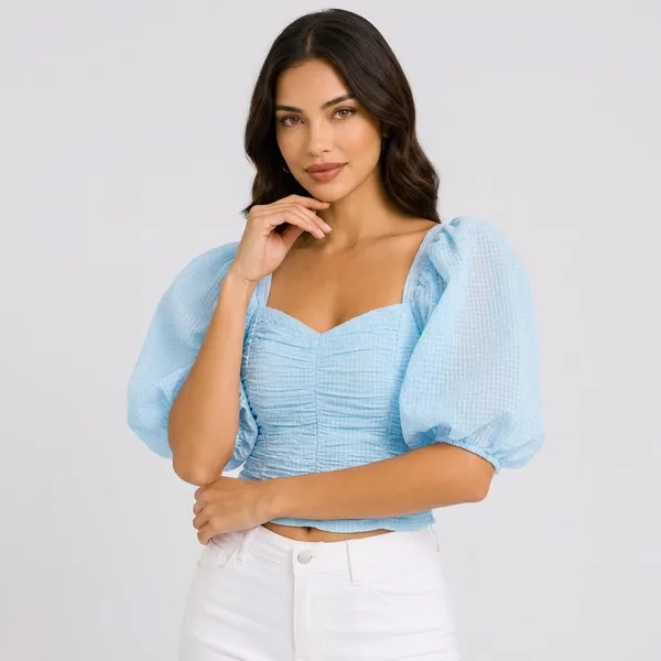 Blue_Chiffon_Ruched_Sweetheart_Puff_Sleeve_Crop_Top_For_Women