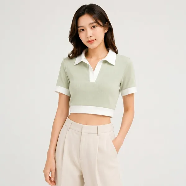 Mint_Green_Cotton_Knit_Polo_Collar_Crop_Top_For_Women