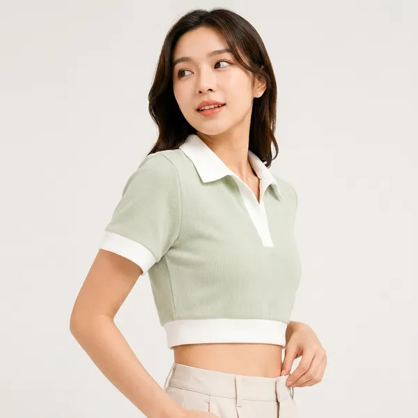 Mint_Green_Cotton_Knit_Polo_Collar_Crop_Top_For_Women