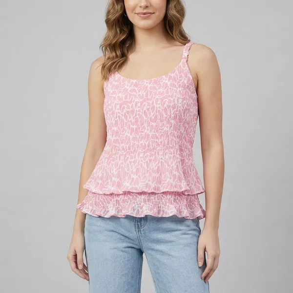 Pink_Chiffon_Smocked_Ruffle_Strap_Top_For_Women