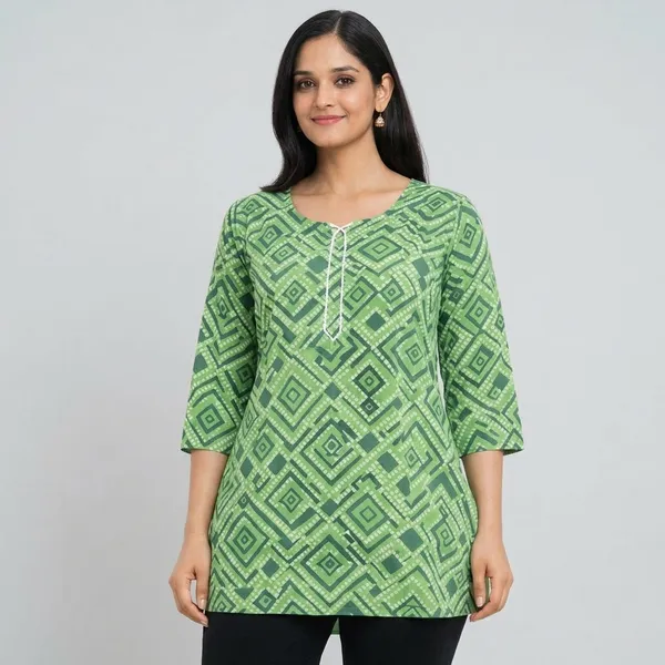 Green_Cotton_Geometric_Print_Short_Kurti_For_Women