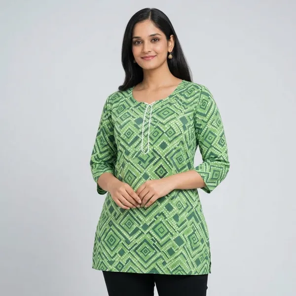 Green_Cotton_Geometric_Print_Short_Kurti_For_Women