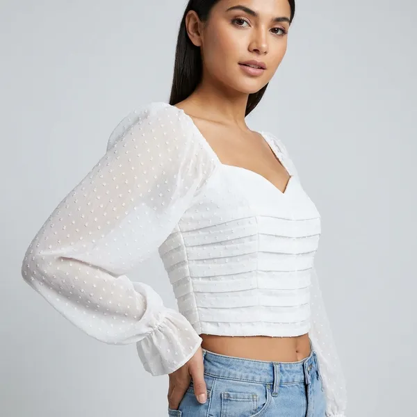 White_Chiffon_Ruched_Sweetheart_Puff_Sleeve_Crop_Top_For_Women
