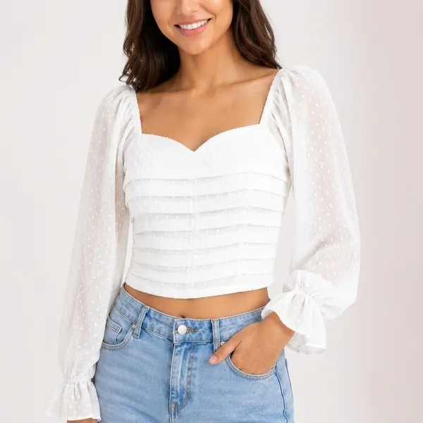 White_Chiffon_Ruched_Sweetheart_Puff_Sleeve_Crop_Top_For_Women
