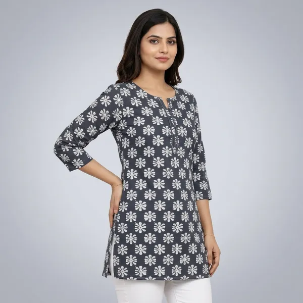 Grey_Cotton_Floral_Print_Short_Kurti_For_Women