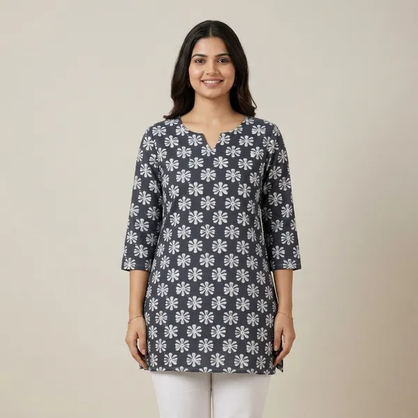 Grey_Cotton_Floral_Print_Short_Kurti_For_Women