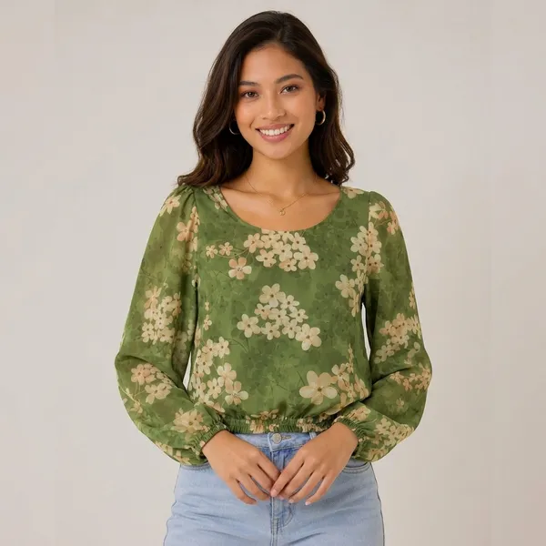 Green_Chiffon_Floral_Print_Blouson_Top_For_Women