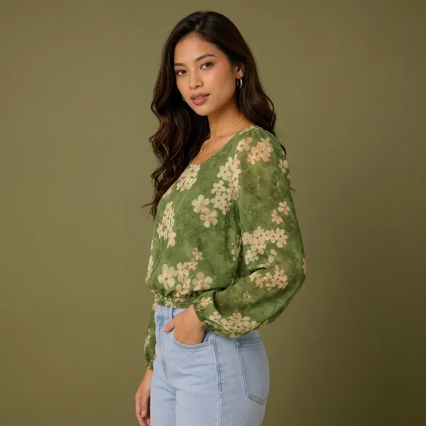 Green_Chiffon_Floral_Print_Blouson_Top_For_Women