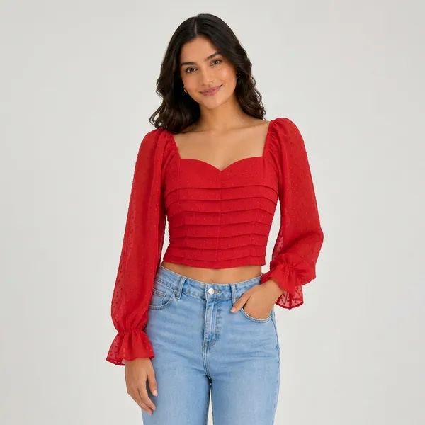 Red_Chiffon_Ruched_Sweetheart_Long_Sleeve_Crop_Top_For_Women