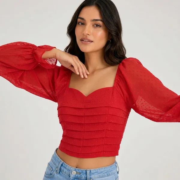 Red_Chiffon_Ruched_Sweetheart_Long_Sleeve_Crop_Top_For_Women