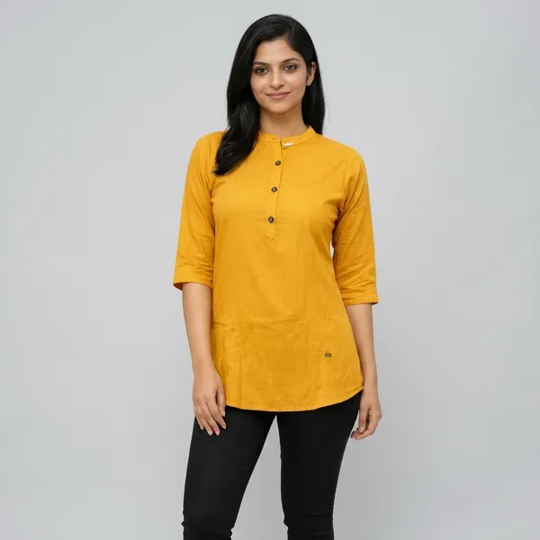 Yellow_Cotton_Mandarin_Collar_Short_Kurta_For_Women
