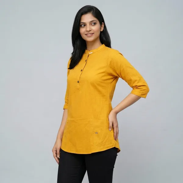 Yellow_Cotton_Mandarin_Collar_Short_Kurta_For_Women