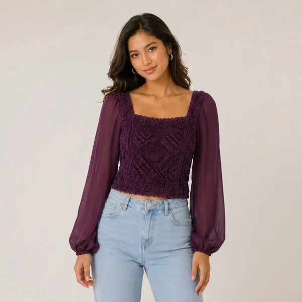 Purple_Chiffon_Lace_Bodice_Balloon_Sleeve_Crop_Top_For_Women