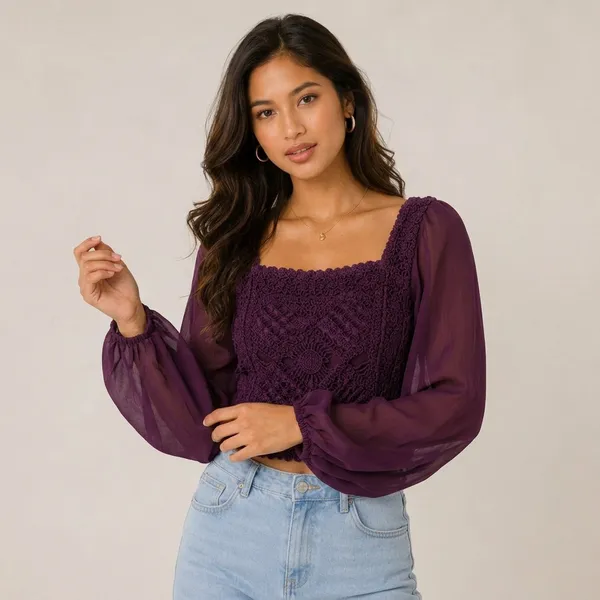 Purple_Chiffon_Lace_Bodice_Balloon_Sleeve_Crop_Top_For_Women