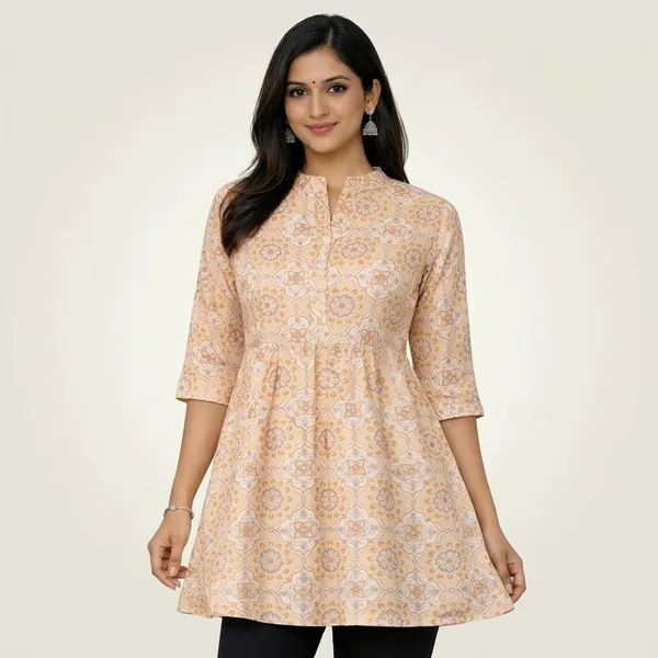 Cream_Cotton_Relaxed_Gathered_Short_Kurta_For_Women