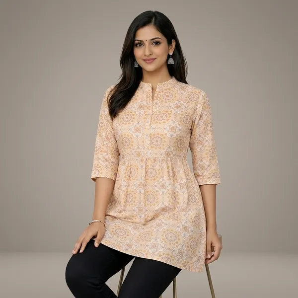 Cream_Cotton_Relaxed_Gathered_Short_Kurta_For_Women