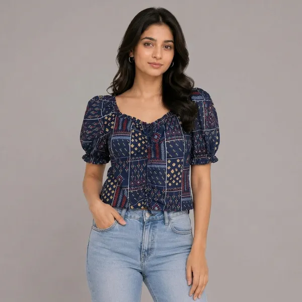 Blue_Rayon_Patchwork_Puff_Sleeve_Crop_Top_For_Women