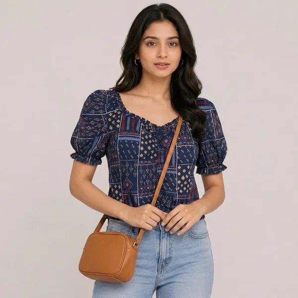 Blue_Rayon_Patchwork_Puff_Sleeve_Crop_Top_For_Women