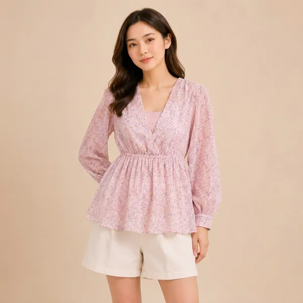 Pink_Chiffon_Floral_Print_Peplum_Top_For_Women