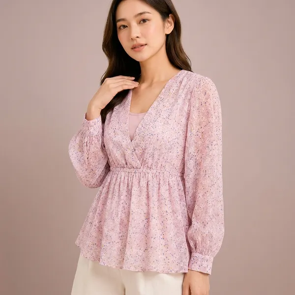 Pink_Chiffon_Floral_Print_Peplum_Top_For_Women
