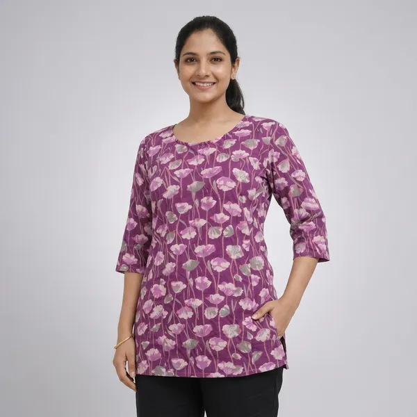 Purple_Cotton_Floral_Print_Relaxed_Tunic_Kurti_For_Women