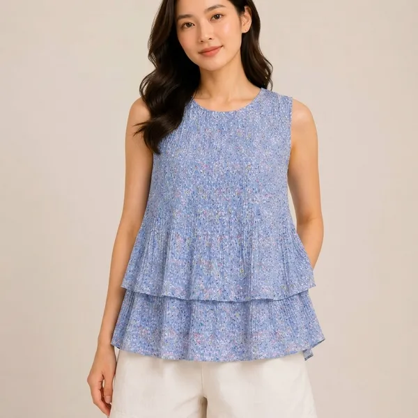 Blue_Crepe_Floral_Print_Sleeveless_Tiered_Top_For_Women