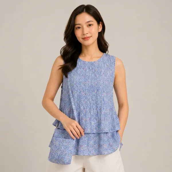 Blue_Crepe_Floral_Print_Sleeveless_Tiered_Top_For_Women