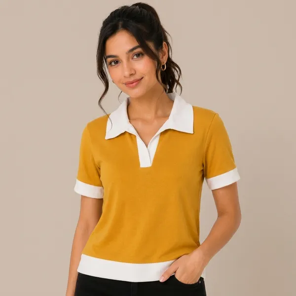 Yellow_Cotton_Blend_Polo_T-Shirt_For_Women