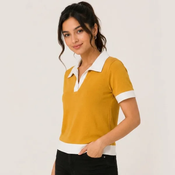 Yellow_Cotton_Blend_Polo_T-Shirt_For_Women