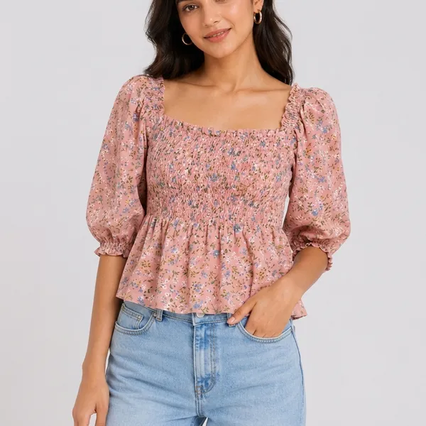 Pink_Crepe_Floral_Smocked_Puff_Sleeve_Top_For_Women