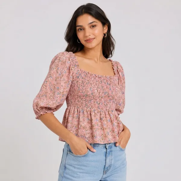 Pink_Crepe_Floral_Smocked_Puff_Sleeve_Top_For_Women