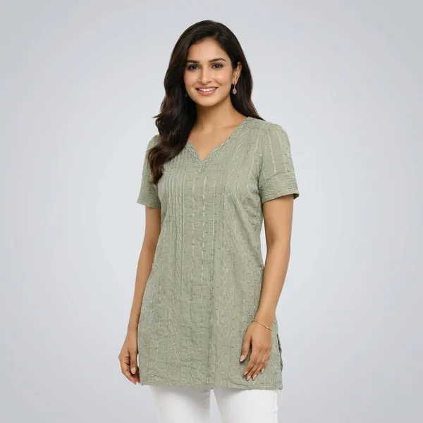 Mehndi_Cotton_Textured_Pintuck_Short_Kurti_For_Women