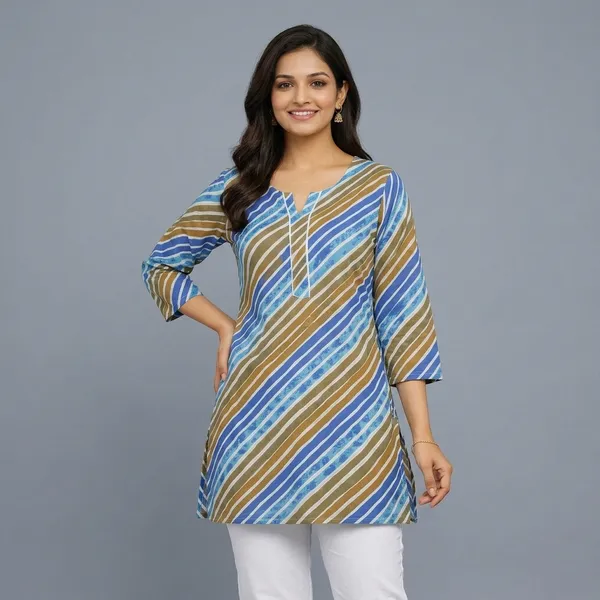 Multicolour_Cotton_Striped_A-Line_Short_Kurti_For_Women