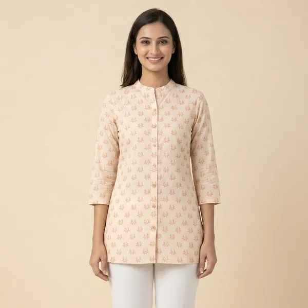 Cream_Cotton_Floral_Print_Mandarin_Collar_Short_Kurti_For_Women