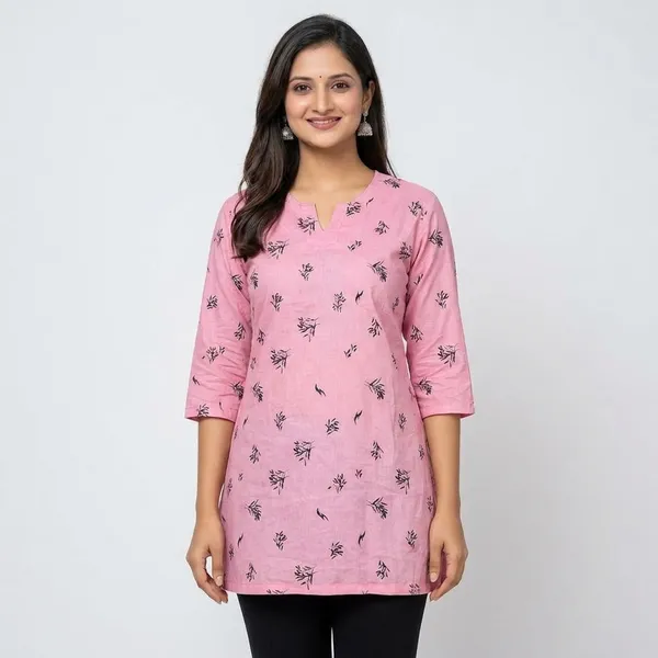 Pink_Cotton_Floral_Print_Relaxed_Short_Kurti_For_Women