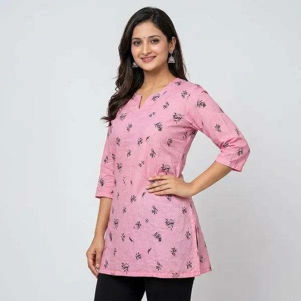Pink_Cotton_Floral_Print_Relaxed_Short_Kurti_For_Women