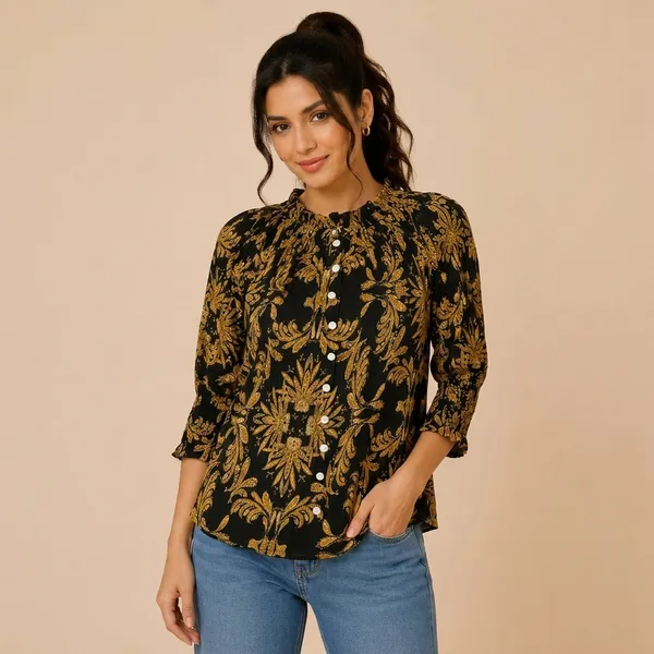 Black_Rayon_Relaxed_Fit_Floral_Print_Button_Down_Shirt_For_Women